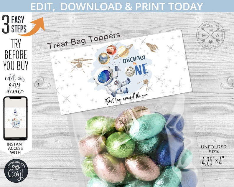 May include: A printable treat bag topper featuring a cartoon astronaut holding balloons with planets. The text reads "Michael is One" and "First trip around the sun". The topper is 4.25 inches by 4 inches.