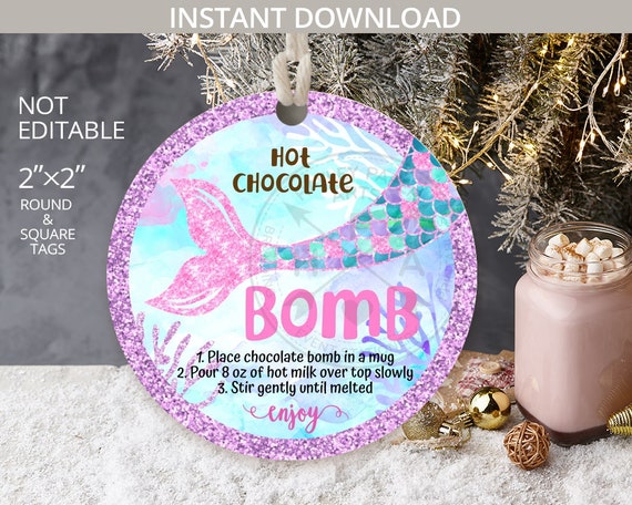 Mermaid hot chocolate bomb tag or sticker. Printable cocoa favor tags round circle square 2x2. Instant download. NOT EDITABLE. 304HPA 060 C Il_570xn