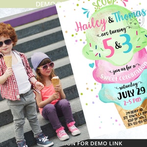 May include: A birthday invitation for a sweet celebration featuring a watercolor illustration of an ice cream cone with the text "Hailey & Thomas are turning 5 & 3" and "join us for a sweet celebration" with the date and time "saturday JULY 29 2-5 PM".