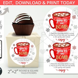 Hot chocolate bomb tag or sticker. Printable cocoa red cup party favor tags circle christmas glitter 2x2 Editable printables. 303HPA 04 A