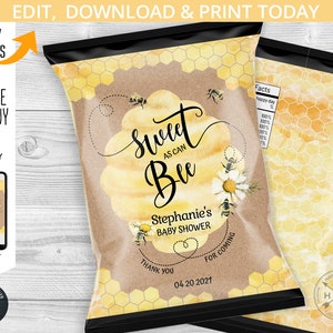 Bee favor chips bag, snacks bag, chip treat bags, sweet honey bee, chips pouch, baby shower bumble bee party. Editable template. 049HPA 17 B