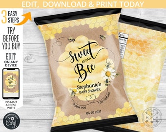May include: A printable chip bag design for a baby shower. The design features a honeycomb pattern, a watercolor bee, and the text "Sweet as Can Bee". The bag is personalized with the name "Stephanie's Baby Shower" and the date "04 20 2021".