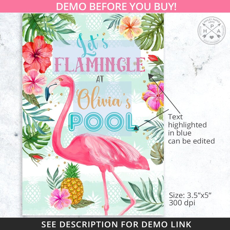 May include: A pink flamingo illustration with the text "Let's Flamingle at Olivia's Pool" on a tropical background with pineapples, palm leaves, and hibiscus flowers. The text "Olivia's" is highlighted in blue.