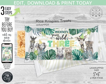 Safari tres barra de arroz salvaje trata la etiqueta de envoltorio de los animales de la fiesta de la jungla, el tercer cumpleaños favorece krispy crujiente. Editable imprimible 124HPA 37 C