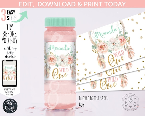 Bubble bottle label dreamcatcher girl wild one first or any age birthday favor labels. Editable. Instant access to the template. 122HPA 32 B Il_570xn