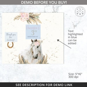 May include: A printable party sign featuring a white horse with a floral crown, feathers, and a gold glitter background. The text "Vanessa's 3th Birthday" is displayed in a light blue box. The sign is 12.7 cm by 15.2 cm and 300 dpi.