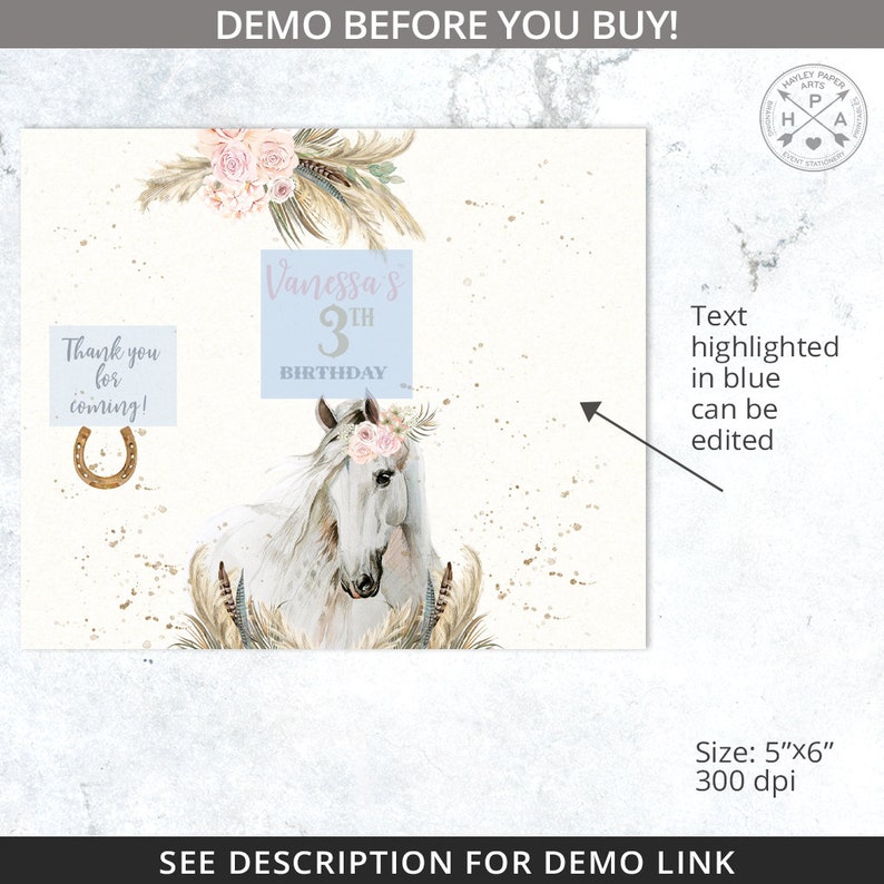 May include: A printable party sign featuring a white horse with a floral crown, feathers, and a gold glitter background. The text "Vanessa's 3th Birthday" is displayed in a light blue box. The sign is 12.7 cm by 15.2 cm and 300 dpi.