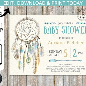 Traumfänger Babypartyeinladung boho Boho Federn. Bearbeitbar bedruckbar. Von Ihnen individuell gestaltet. 027HPA 02