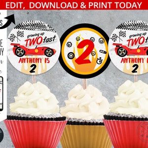 Two fast race car cupcake toppers speed sports racing boy birthday round red blue 2x2 tags. Editable printables. 197HPA 09 A