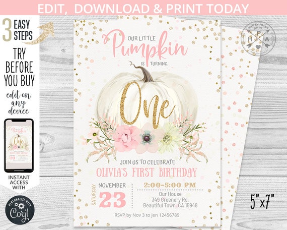 Pumpkin first birthday ONE invitation pink pastel floral gold glitter girl fall 1st party invite invitations. Editable template. 083HPA 01 Il_570xn