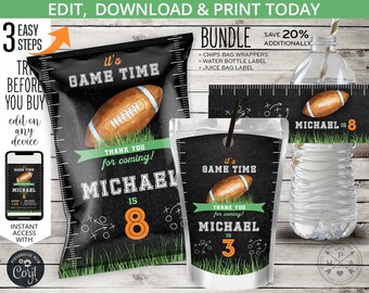 Football birthday printables, bundle, chips bag, water bottle label, juice bag label, gridiron set ball pack. Editable printables. 217HPA 57