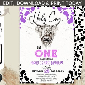 Holy cow birthday invitation highland cow girl I&#39;m one purple pink editable first 1st party invite. Selfeditable printable. 209HPA 06