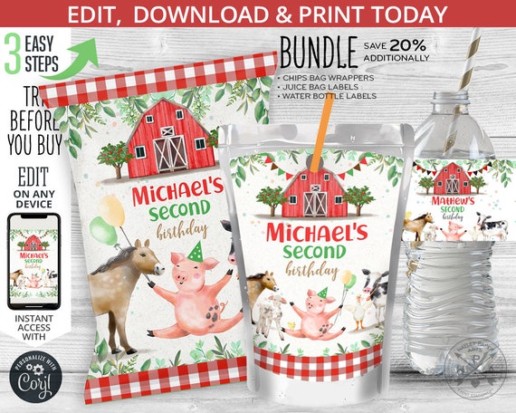 BUNDLE Farm animals red barn chips bag, juice bags labels, water bottle label, treats pouch any age boy birthday. Online template. 149HPA 41 Il_570xn