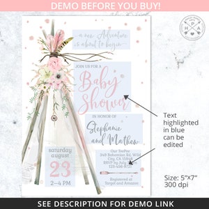 Puede incluir: Una invitaci&oacute;n de baby shower con una ilustraci&oacute;n de acuarela de un tipi decorado con flores y plumas. El texto "Join us for a Baby Shower" est&aacute; en rosa y el texto "Stephanie and Mathew" est&aacute; en azul. La invitaci&oacute;n es de 5" x 7" y 300 dpi.