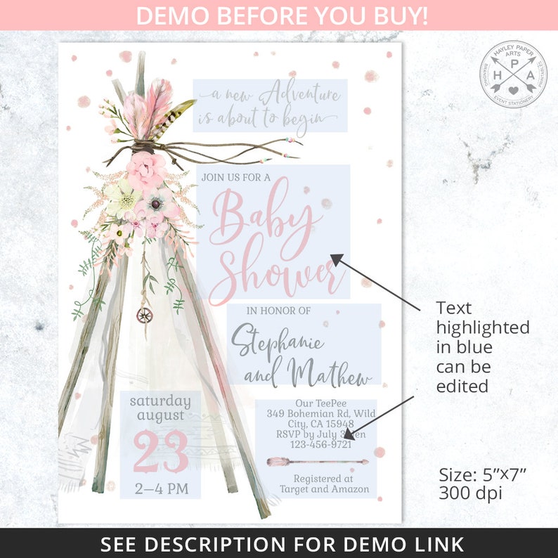 Puede incluir: Una invitaci&oacute;n de baby shower con una ilustraci&oacute;n de acuarela de un tipi decorado con flores y plumas. El texto "Join us for a Baby Shower" est&aacute; en rosa y el texto "Stephanie and Mathew" est&aacute; en azul. La invitaci&oacute;n es de 5" x 7" y 300 dpi.