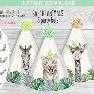 Safari animals party hat. Jungle birthday party supplies. Kids paper DIY hats. Zebra, lion, tiger. Not editable Instant download 124HPA 59 D