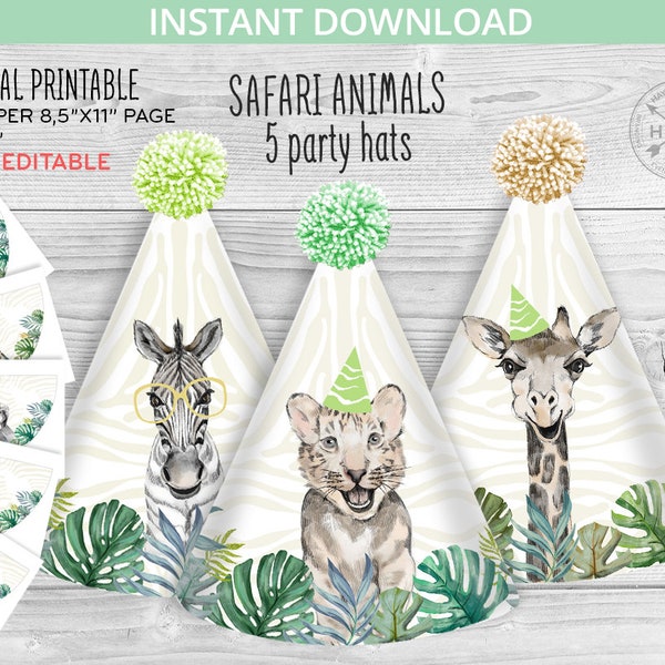 Safari animals party hat. Jungle birthday party supplies. Kids paper DIY hats. Zebra, lion, tiger. Not editable Instant download 124HPA 59 D