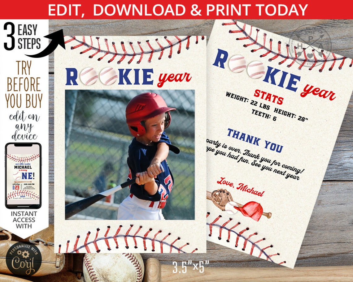 Baseball Birthday Thank You Card. Baseball 1st Year Rookie Stats Card ...