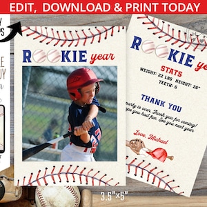 Biglietto di ringraziamento per il compleanno del baseball. Scheda con le statistiche del rookie del primo anno di baseball. Biglietti di ringraziamento per il ragazzo del primo anno. Stampabili automodificabili. 191HPA 42 A