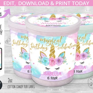 Einhorn Zuckerwatte Etikett, Kunststoffbehälter, magische Geburtstagsfeier Etiketten, jede Altersparty. Digital. Online-Vorlage. 046HPA 42 A