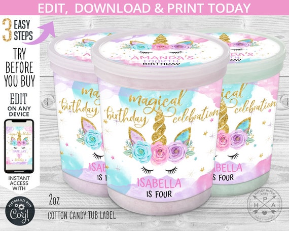 Unicorn cotton candy tub label, plastic container, magical birthday celebration labels, any age party. Digital. Online template. 046HPA 42 A Il_570xn