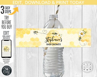 Bee baby shower bottle label wrapper bumble bee honey party. Yellow hive hexagon. Editable template. Instant access. 049HPA 19 A 059HPA