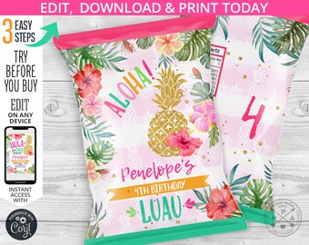 May include: A pink and green printable chip bag template with a tropical luau theme. The bag features a pineapple with gold glitter, a hibiscus flower, and the text "Aloha! Penelope's 4th Birthday Luau".