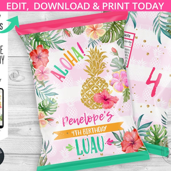 Pineapple luau chip bag, aloha hawaiian pool tropical snacks treat bags, chips pouch wrapper, any age birthday party printable. 187HPA 30 A
