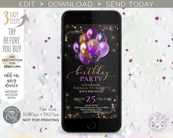 Balloons purple invitation rose gold confetti foil glitter birthday smartphone message electronic invite e-vite. Instant download. E174 01 Il_570xn