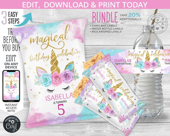 BUNDLE Unicorn magical chip or snacks bag, water bottle label, rice krispies labels, chips pouch, favors, self editable template. 046HPA 22 Il_570xn