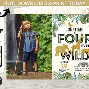 Jungle FOUR ever WILD gold birthday invitation safari photo boy fourth 4th party animals elephant. Printable template. Editable. 040HPA 22 image 1