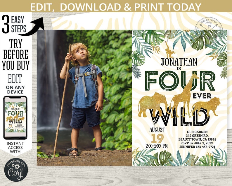 Jungle FOUR ever WILD gold birthday invitation safari photo boy fourth 4th party animals elephant. Printable template. Editable. 040HPA 22 image 1