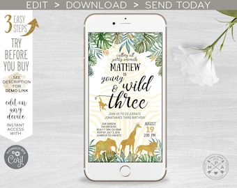 May include: A digital invitation for a child's third birthday party. The invitation features a jungle theme with a zebra print background, green leaves, and gold animal silhouettes. The text reads "Calling all party animals, Mathew is young & wild three. Join us to celebrate Jonathan's third birthday. August 19, 2:00 PM."