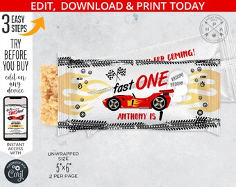 Race car rice krispies label, fast ONE sports speed racing labels, favors krispy wrapper, boy birthday editable printable. 197HPA 32 E