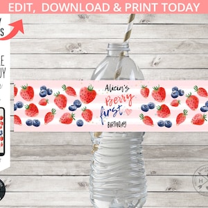 Strawberries water bottle label birthday berry first girl ONE party blueberries fruit farm drink labels. Editable printables. 224HPA 12 D