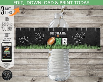 Football first birthday water bottle label sports games boy ONE 1st party gridiron ball bottle wrapper. Editable printable. 217HPA 12 A