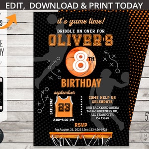 Convite de aniversário de esportes de basquete, qualquer idade, festa de menino de todas as estrelas, convite para festa de atividades de tempo de jogos de bola. Design de cartão editável. 218HPA 08