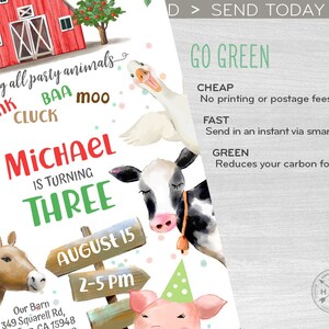 May include: A colorful invitation for a farm-themed birthday party. The invitation features a red barn, a cow, a pig, a horse, a duck, and a sign that says "Michael is turning three". The invitation also includes the date and time of the party.