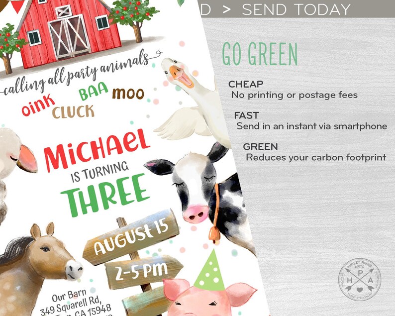 May include: A colorful invitation for a farm-themed birthday party. The invitation features a red barn, a cow, a pig, a horse, a duck, and a sign that says "Michael is turning three". The invitation also includes the date and time of the party.