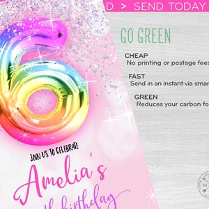 May include: A pink and white birthday invitation with a rainbow foil number six and the text "Join us to celebrate Amelia's birthday".