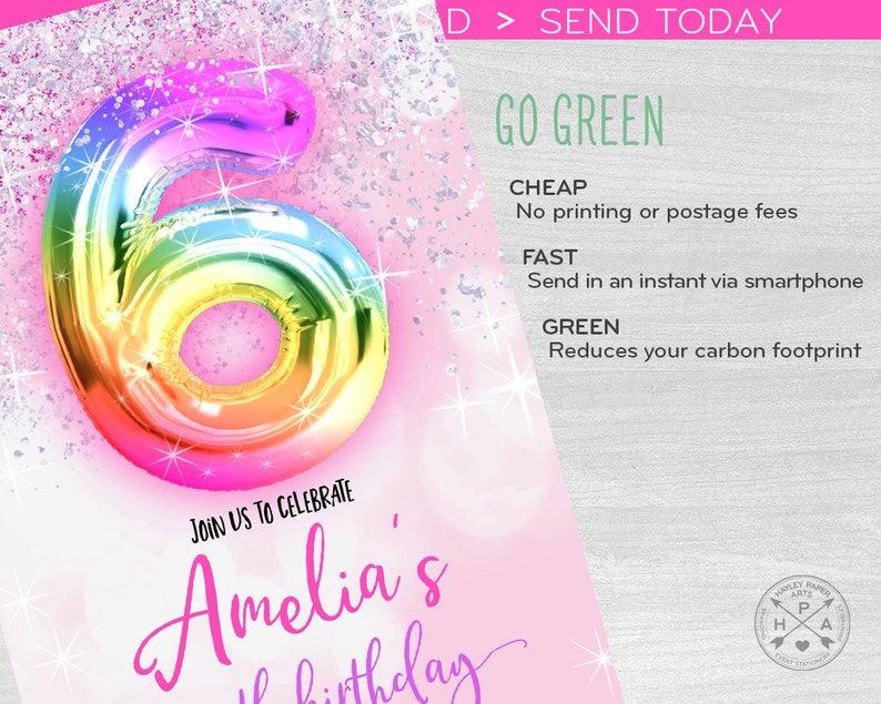 May include: A pink and white birthday invitation with a rainbow foil number six and the text "Join us to celebrate Amelia's birthday".