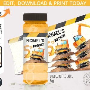 May include: Printable 4 oz bubble bottle label with a construction theme. The label features a yellow excavator, a yellow bulldozer, and the text "MICHAEL'S 5TH BIRTHDAY".