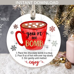 Hot chocolate bomb tag or sticker. You&#39;re the Bomb. Printable cocoa favor tags round square 2x2. Instant download. NOT EDITABLE. 304HPA 04 A