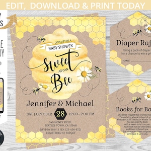 PAQUETE: Invitación para baby shower con diseño de abejas adorables, abejita amarilla, libros para rifa de pañales. Plantilla editable. 049HPA 48