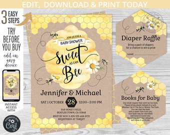 BUNDLE Sweet as can bee baby shower party invitation little honey bumble bee yellow invite diaper raffle books. Editable template. 049HPA 48