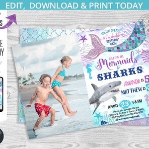 Może przedstawiać: Zaproszenie na urodziny w stylu syren i rekin&oacute;w ze zdjęciem dwojga dzieci na plaży. Zaproszenie zawiera napis "Calling all Mermaids & Sharks" oraz imiona Amanda i Matthew wraz z ich wiekiem. Zaproszenie dotyczy podw&oacute;jnego przyjęcia urodzinowego 23 sierpnia w godzinach 16:00-18:00.