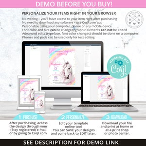 May include: A digital invitation template for a 5th birthday party with a unicorn theme. The invitation features a watercolor-style unicorn with a rainbow and the text "magical day is on the way". The invitation is customizable using the Corjl.com app.
