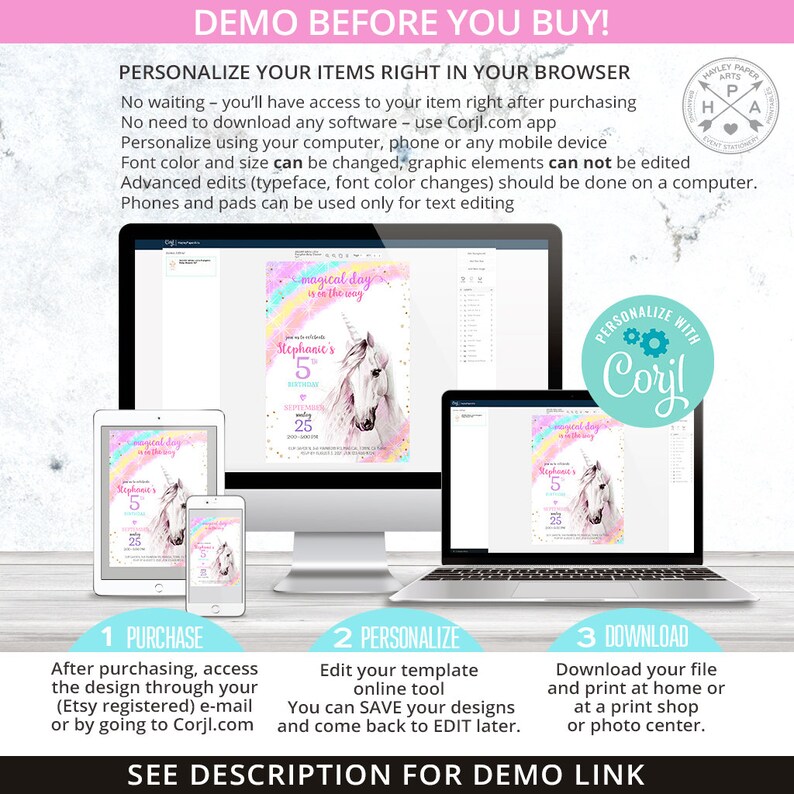 May include: A digital invitation template for a 5th birthday party with a unicorn theme. The invitation features a watercolor-style unicorn with a rainbow and the text "magical day is on the way". The invitation is customizable using the Corjl.com app.