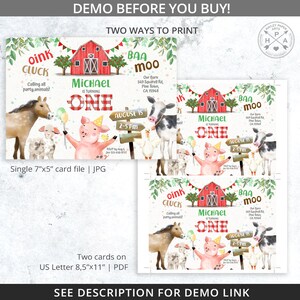 May include: A printable invitation for a farm-themed first birthday party. The invitation features a red barn, a pig, a horse, a cow, a sheep, and a goose. The text on the invitation reads "Michael is turning one" and "August 15, 2-5 pm".