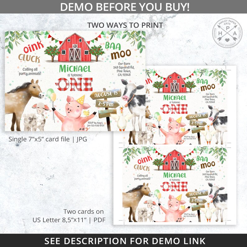 May include: A printable invitation for a farm-themed first birthday party. The invitation features a red barn, a pig, a horse, a cow, a sheep, and a goose. The text on the invitation reads "Michael is turning one" and "August 15, 2-5 pm".